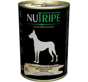 Nutripe Ambrosia Chicken & Green Lamb Tripe Formula with added Cheese Dog Food 390g (24/carton)