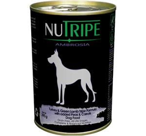 Nutripe Ambrosia Turkey & Green Lamb Tripe Formula with added Peas & Carrots Dog Food 390g