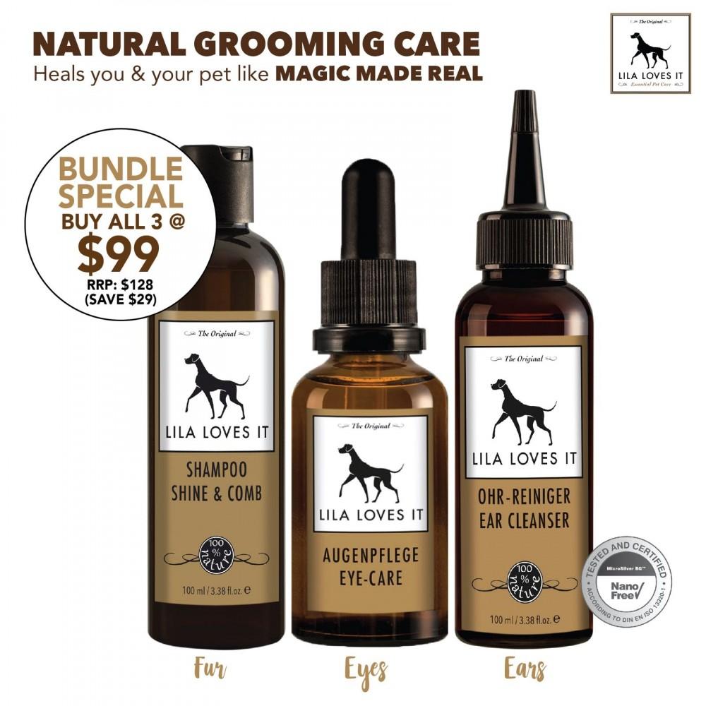 BUNDLE PROMO: Lila Loves It Shine & Comb Concentrated Dog Shampoo, Ear Cleanser For Dogs & Eye Care Dog Eye Cleanser